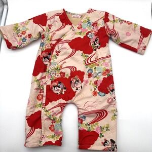 Lucky Wang NYC Baby Sakura Kimono Asian Cat Red Pink Fleece One Piece 6M